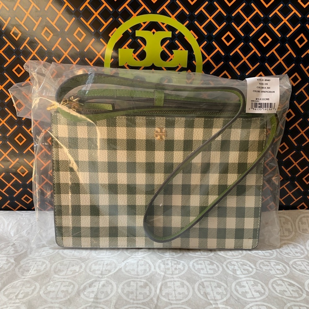 Tory Burch Blake Printed Double Zip Slim Crossbody Springham Green gingham - Picture 12 of 12